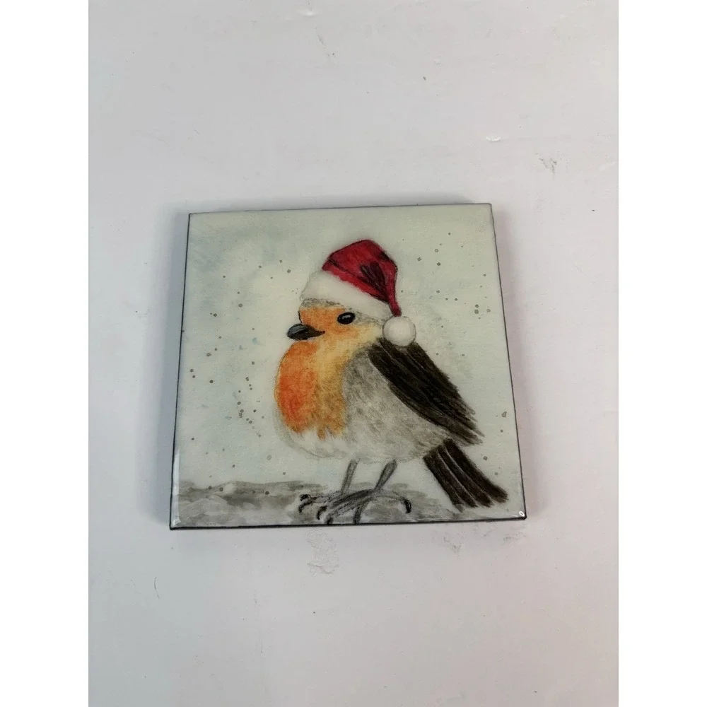 Decorative Tile  Painting of Bird Holiday Christmas Artist Signed